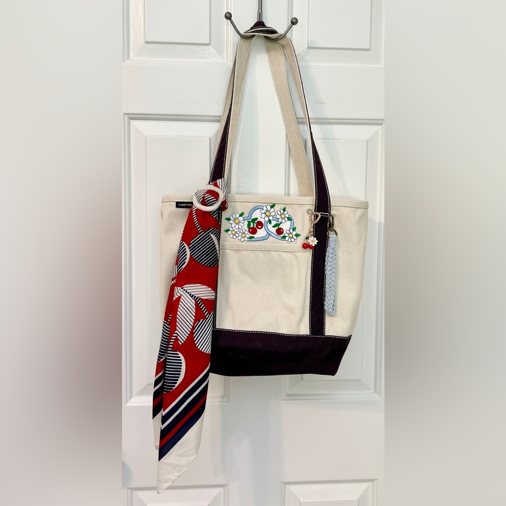 Custom Lands End Canvas Tote Cherries Theme Reworked Upcycled Navy Cream Red